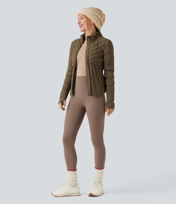 PuffFlex Stand Collar Thumb Holes Stretchy Workout Padded Jacket with Pockets