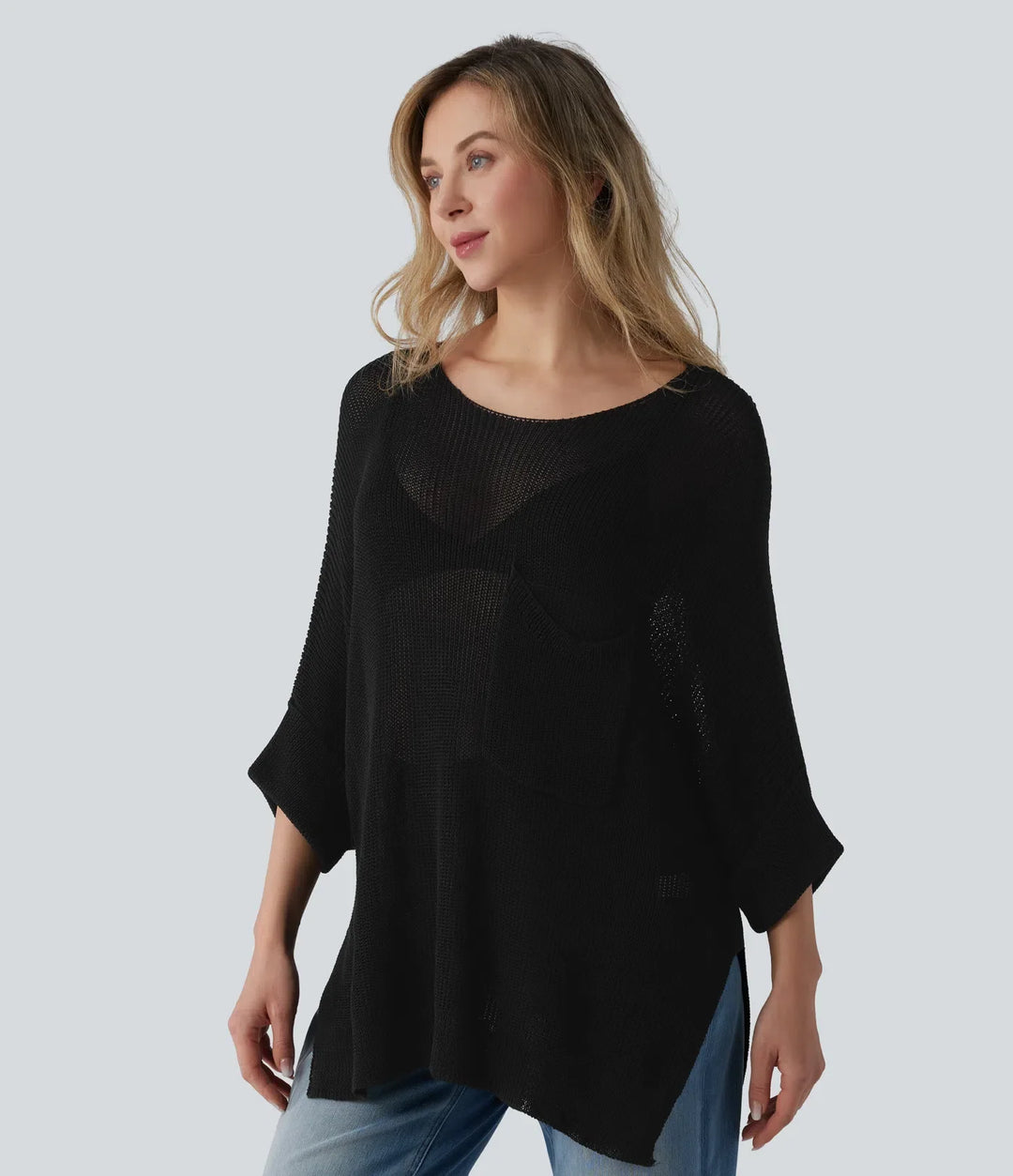 One-shoulder Half Sleeve Split Hem Oversize Casual Jumper with Pocket