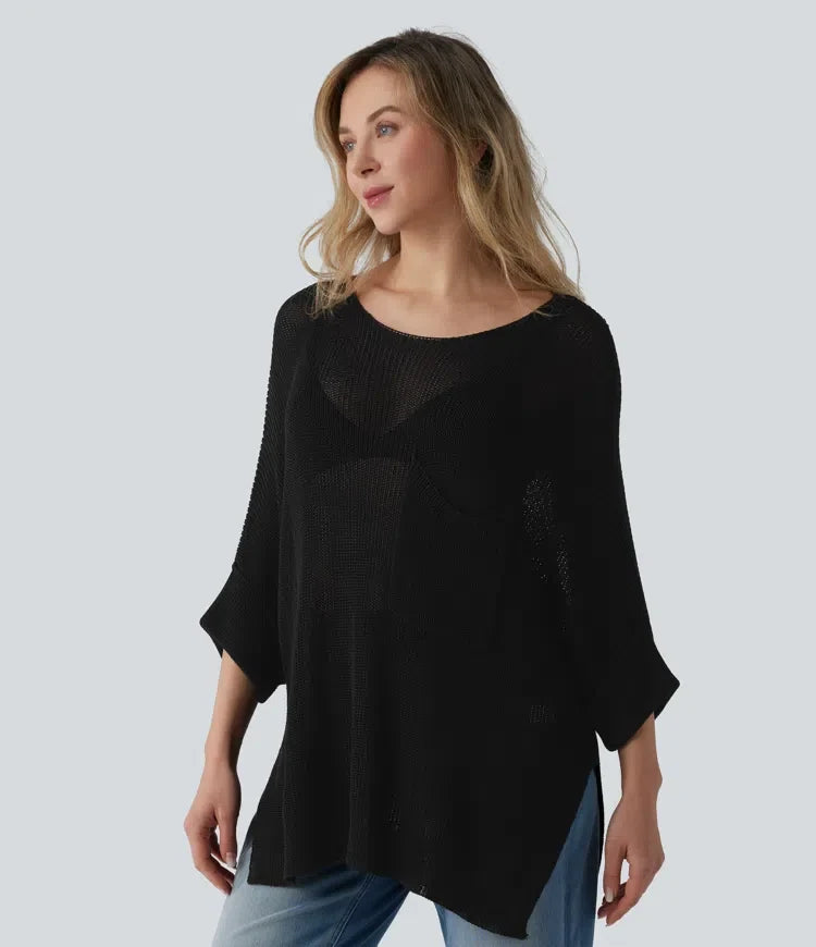 One-shoulder Half Sleeve Split Hem Oversize Casual Jumper with Pocket