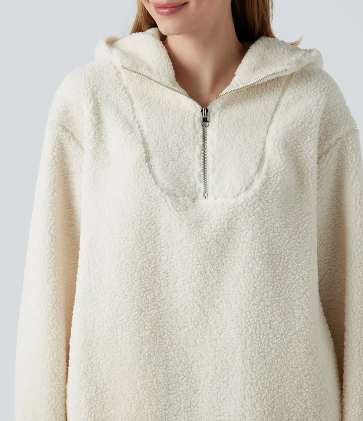 Hooded Half Zipper Curved Hem Oversized Casual Sherpa Sweatshirt with Pockets