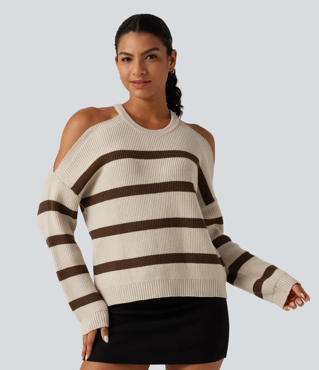 Round Neck Cold Shoulder Long Sleeve Stripe Work Jumper
