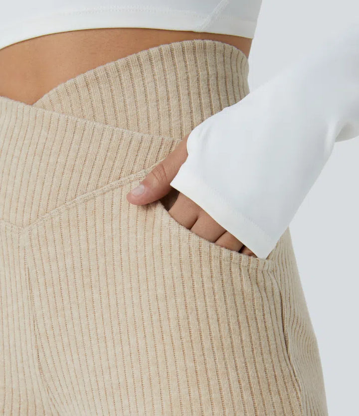 Ribbed Knit Crossover High Waisted Pocket Casual Flare Trousers