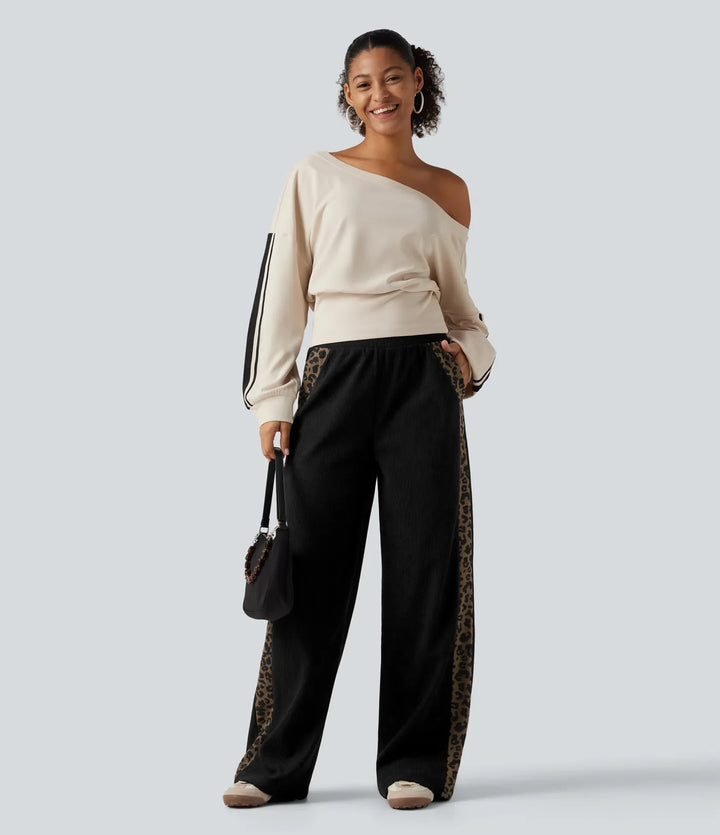 Mid Rise Leopard Print Corduroy Straight Leg Casual Trousers with Pockets