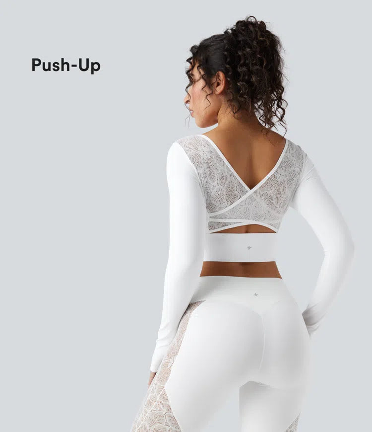SoftlyZero Push-Up Long Sleeve Thumb Hole Contrast Lace Cropped Yoga Sports Top