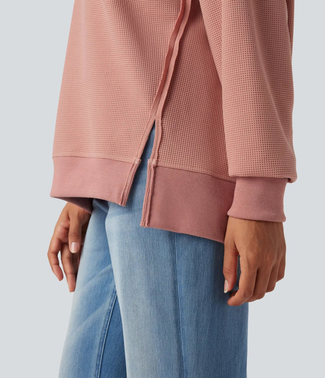 Round Neck Long Sleeve Split Hem Waffle Casual Sweatshirt