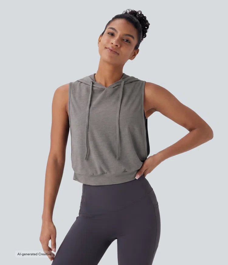 Hooded Drawstring Sleeveless Cropped Running Tank Vest Top