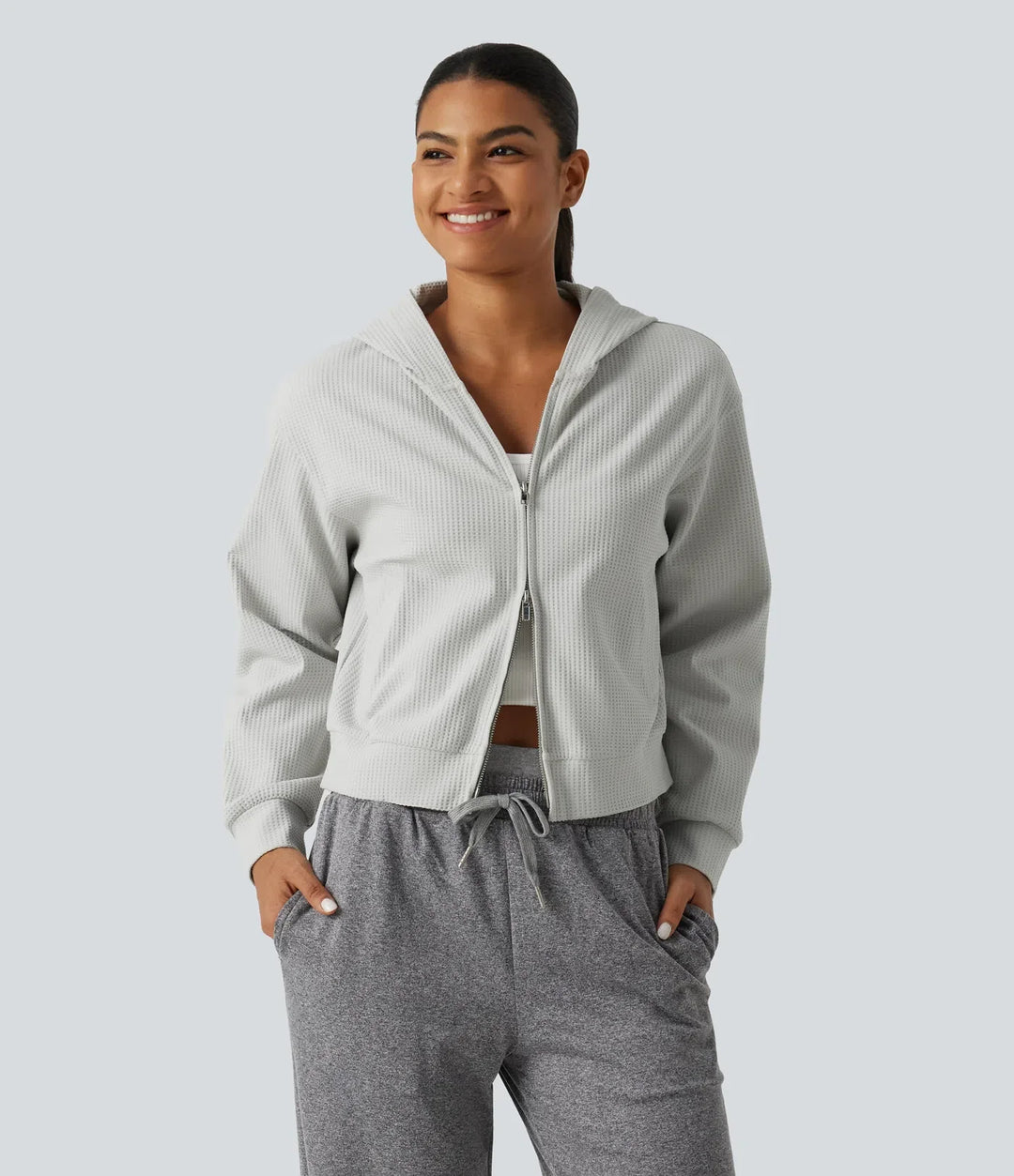 Hooded Long Sleeve Waffle Casual Jacket with Pockets