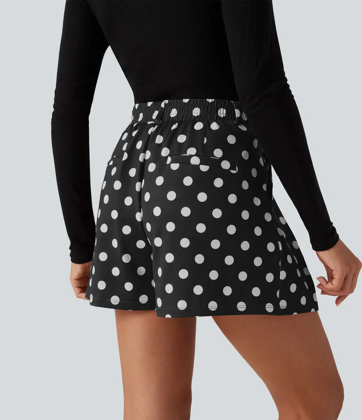 Mid Rise Wide Leg Polka Dot Casual Shorts 4" with Pockets