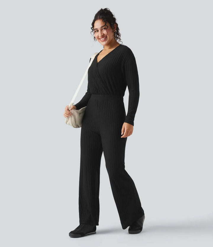 Ribbed Knit V-neck Long Sleeve Casual Jumpsuit-Easy Peezy