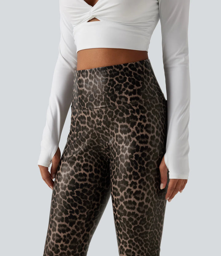 High Waisted Tummy Control Stretchy PU Leopard Print Skinny Casual Leggings with Pockets