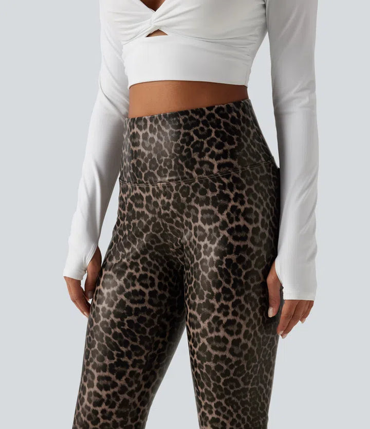 High Waisted Tummy Control Stretchy PU Leopard Print Skinny Casual Leggings with Pockets