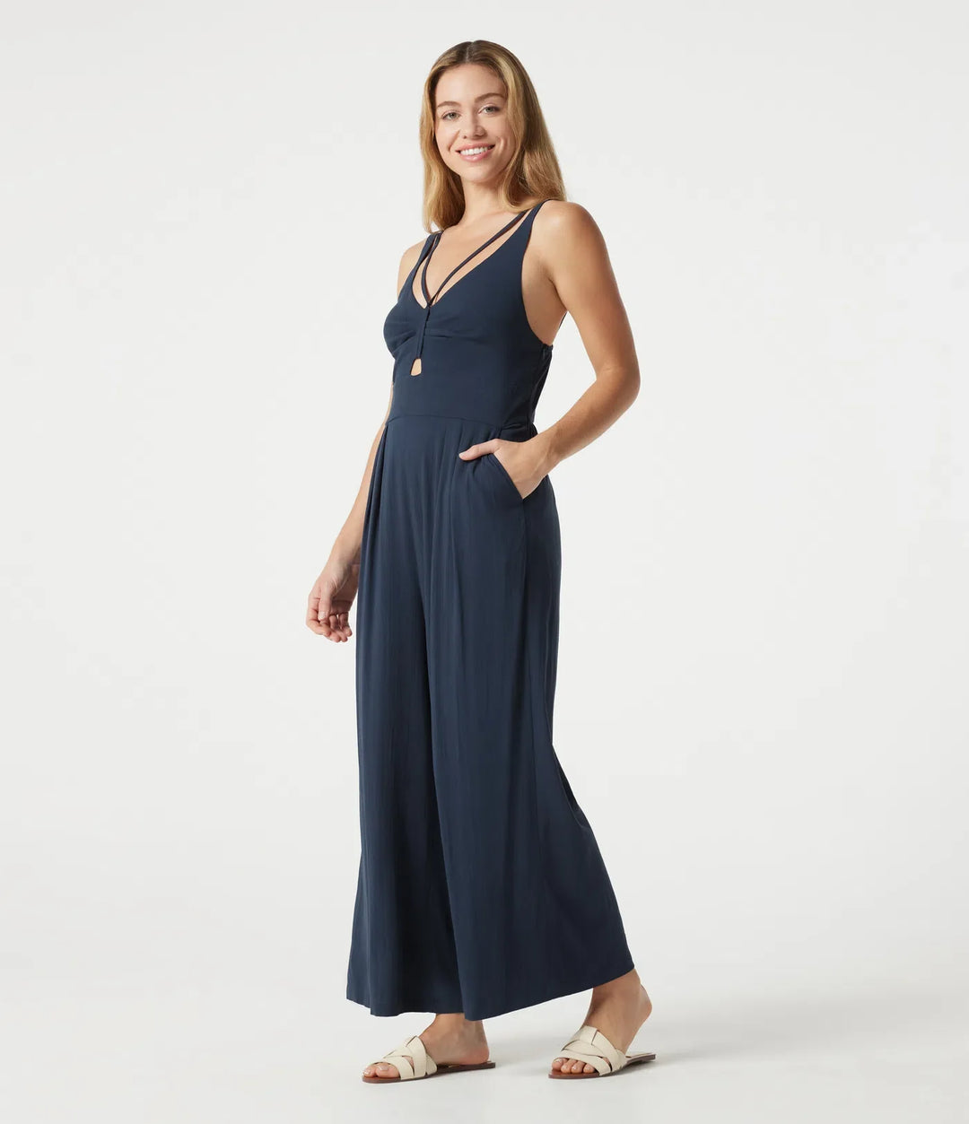 V-neck Sleeveless Shirred Casual Baggy Jumpsuit with Pockets