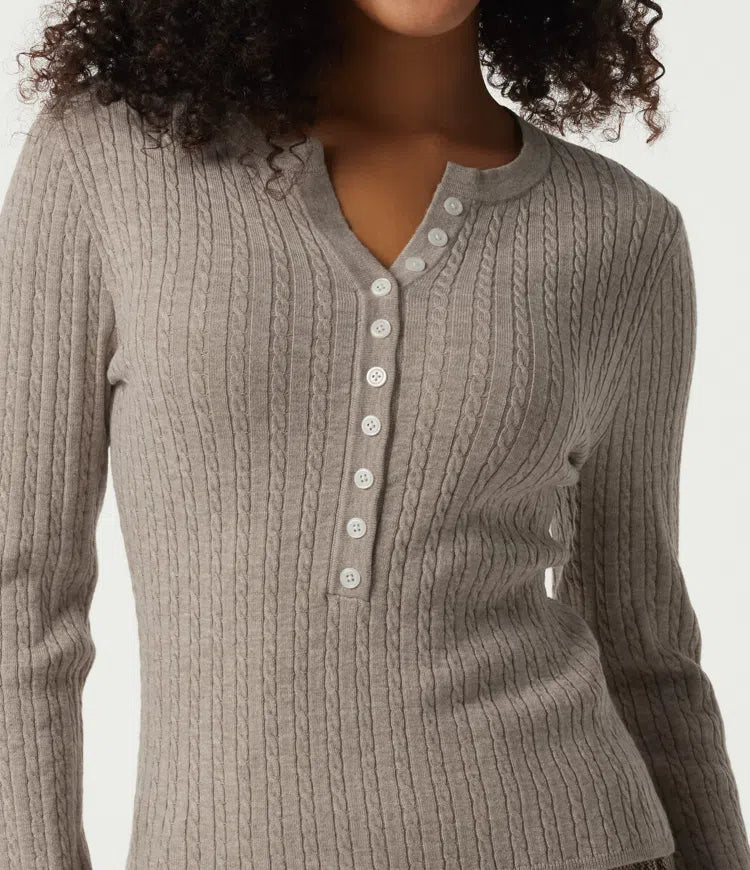 Henley Neck Cable Stitch Long Sleeve Work Jumper