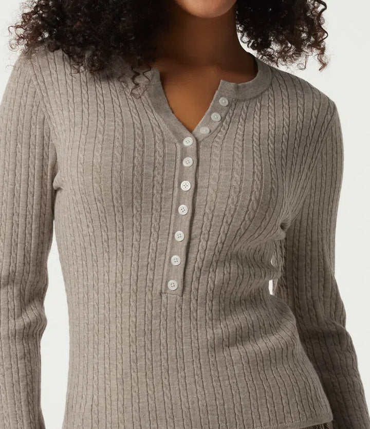 Henley Neck Cable Stitch Long Sleeve Work Jumper