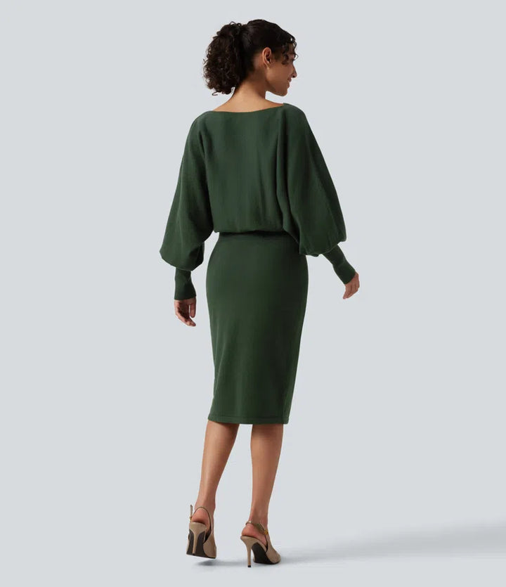 Boat Neck Puff Long Sleeve Work Jumper Dress