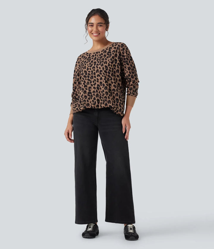 Round Neck Long Sleeve Leopard Waffle Oversized Casual Sweatshirt with Pockets