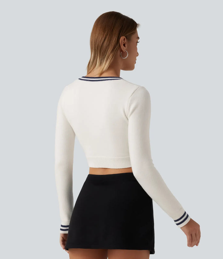 V Neck Slim Long Sleeve Patterned Casual Cropped Jumper