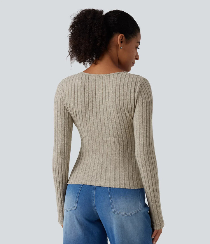 Ribbed Knit V Neck Long Sleeve Asymmetric Crossover Ruched Casual Slim Top