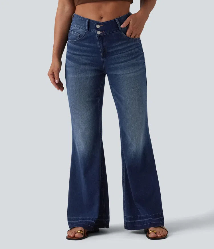 Halara Flex Asymmetric Mid Rise Casual Flare Jeans with Pockets