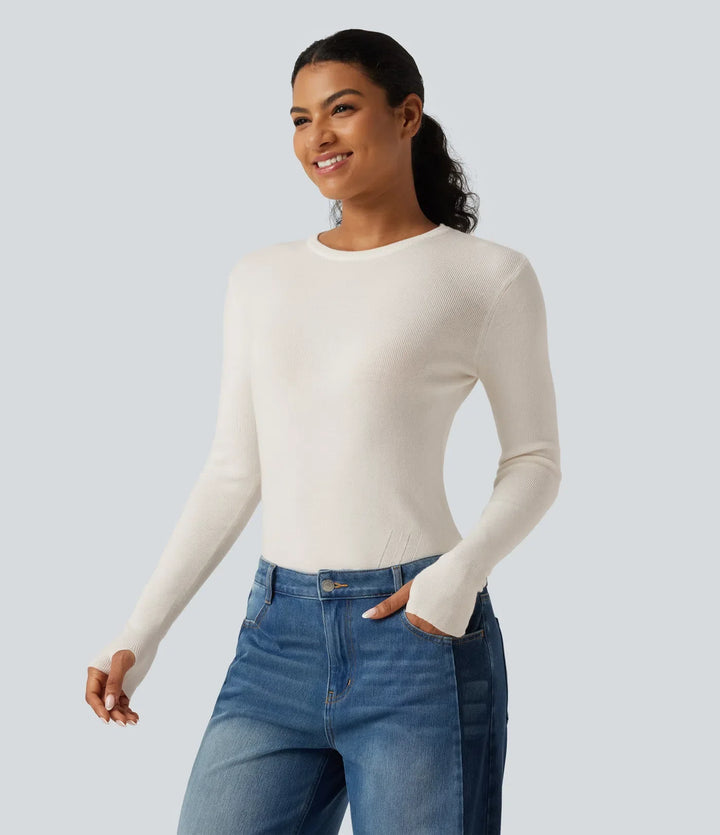 Round Neck Long Sleeve Thumb Hole Slim Work Jumper