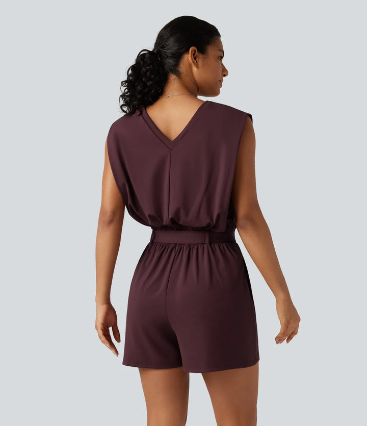 SoftlyZero Airy V Neck Sleeveless Belted InstantCool Casual Romper with Pockets-Easy Peezy Edition
