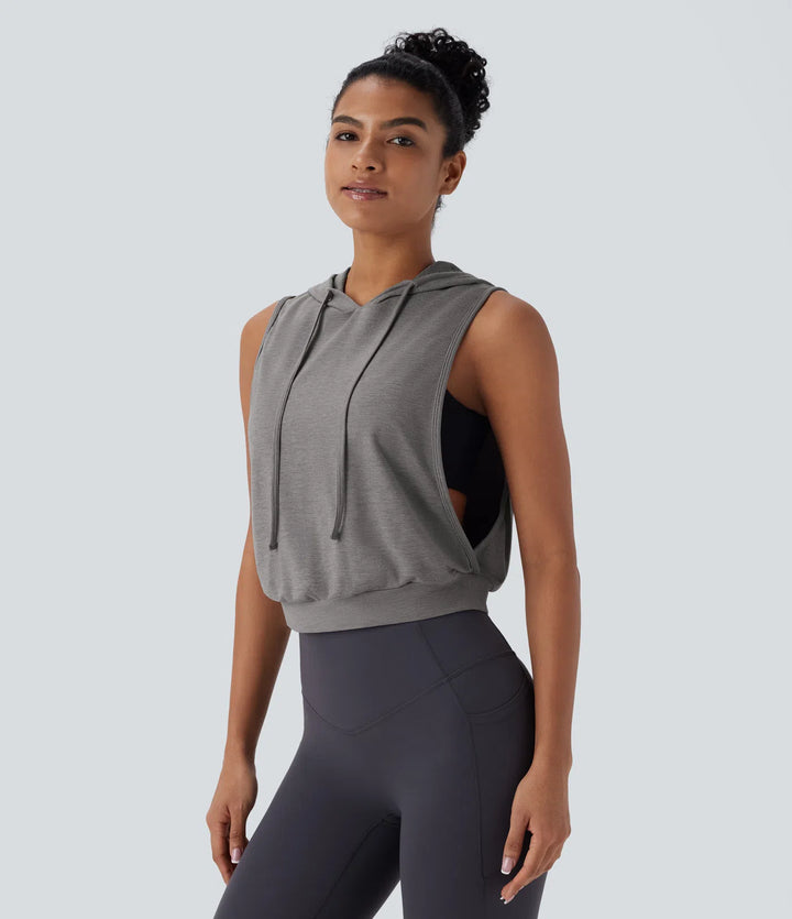 Hooded Drawstring Sleeveless Cropped Running Tank Vest Top