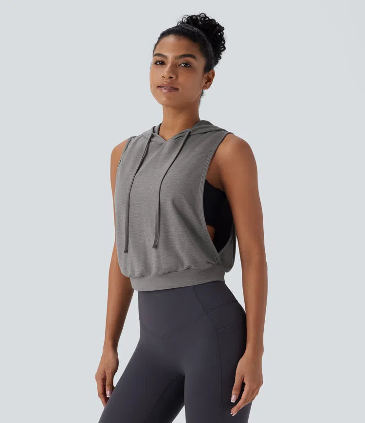 Hooded Drawstring Sleeveless Cropped Running Tank Vest Top