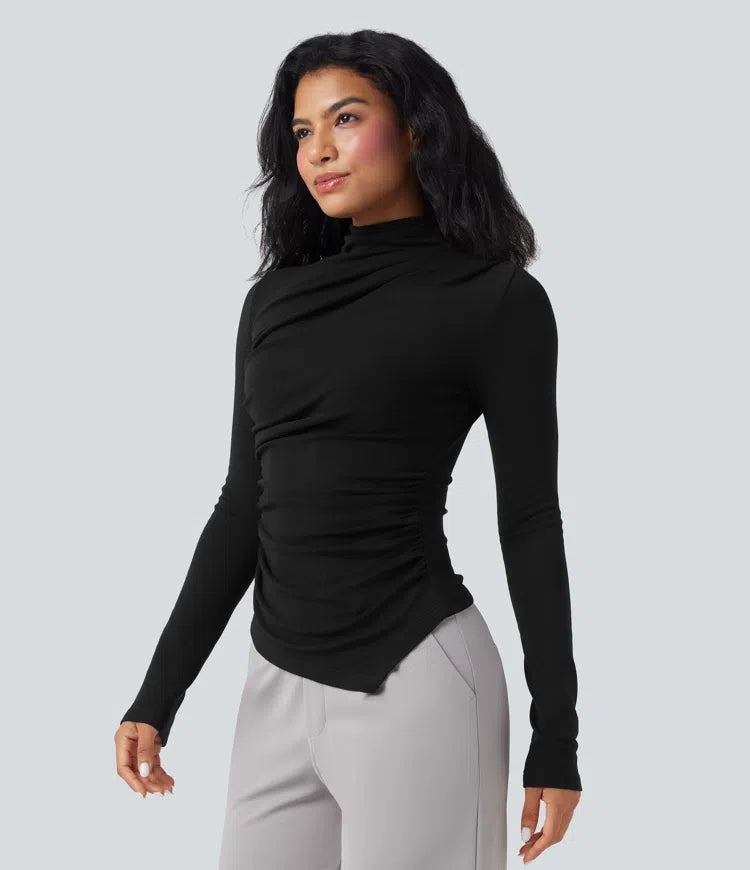 Mock-neck Long Sleeve Ruched Asymmetric Hem Thermal Casual Top