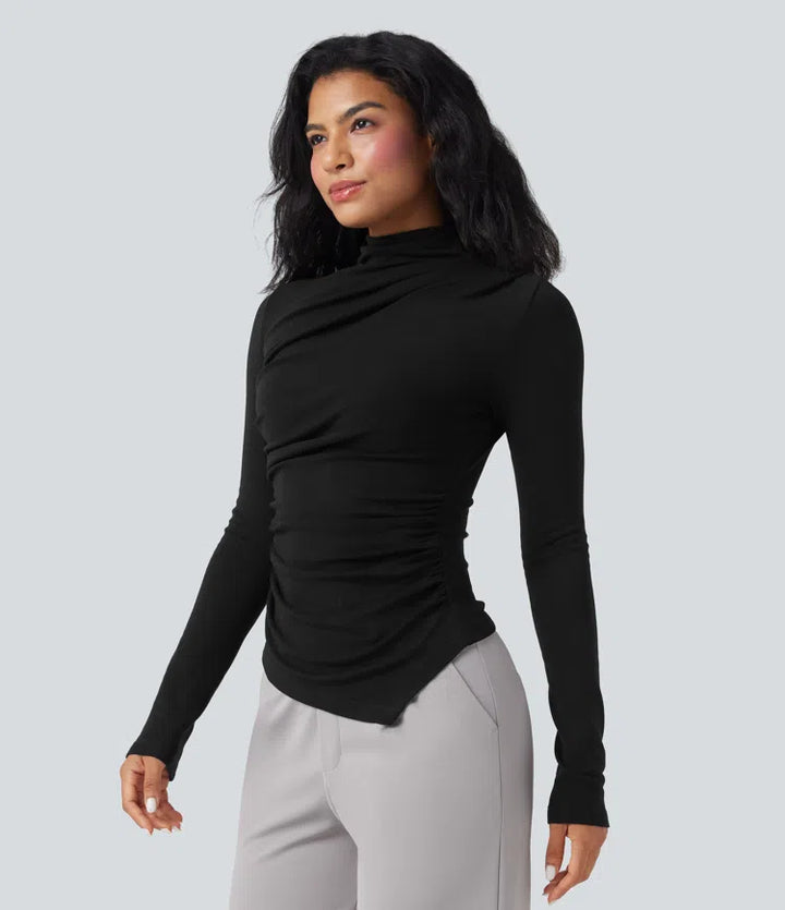 Mock-neck Long Sleeve Ruched Asymmetric Hem Thermal Casual Top