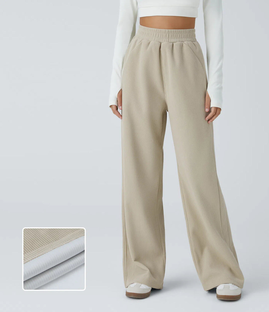 High Waisted Pocket Straight Leg Mop Corduroy Casual Trousers