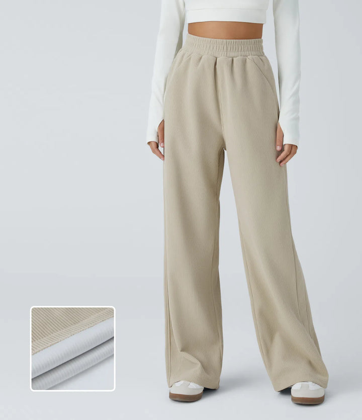 High Waisted Pocket Straight Leg Mop Corduroy Casual Trousers
