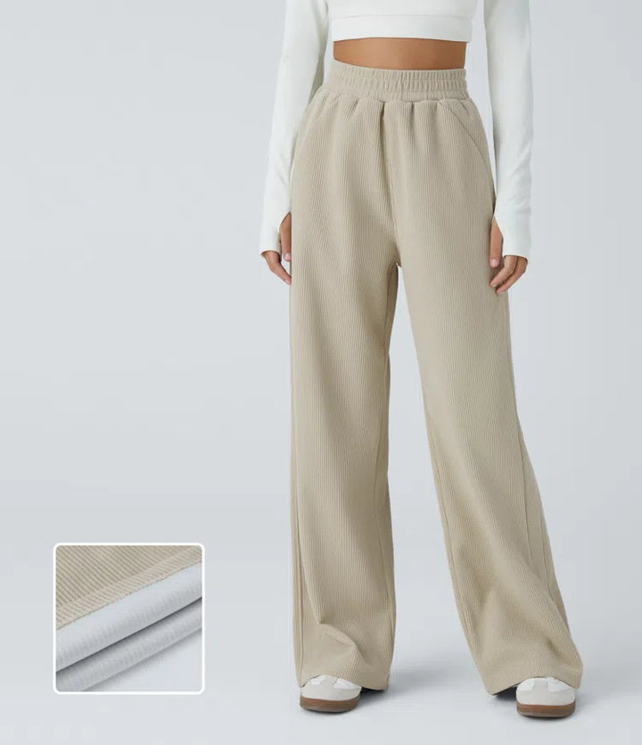 High Waisted Pocket Straight Leg Mop Corduroy Casual Trousers