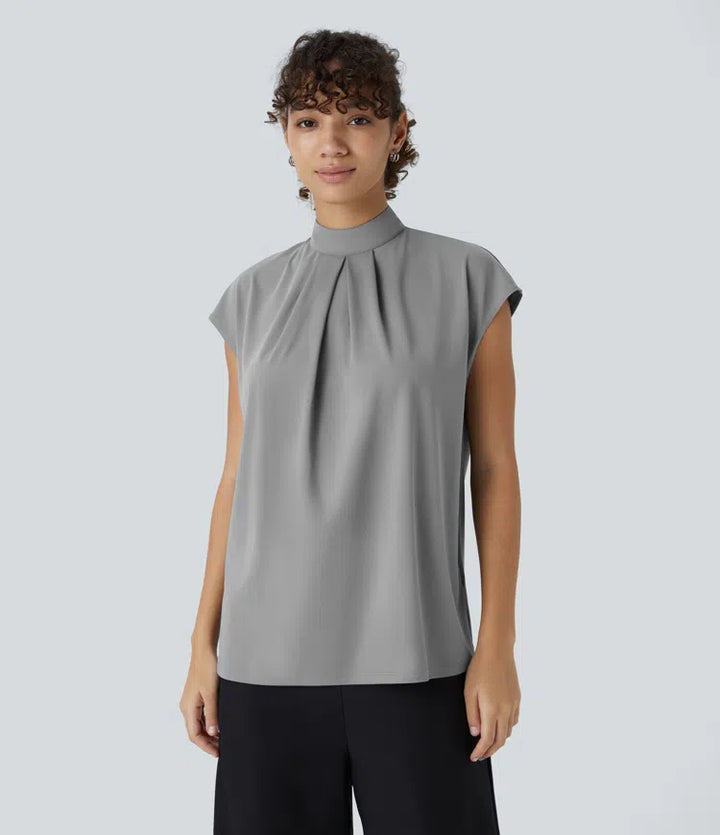 Stand Collar Button Back Cap Sleeve Work Blouse