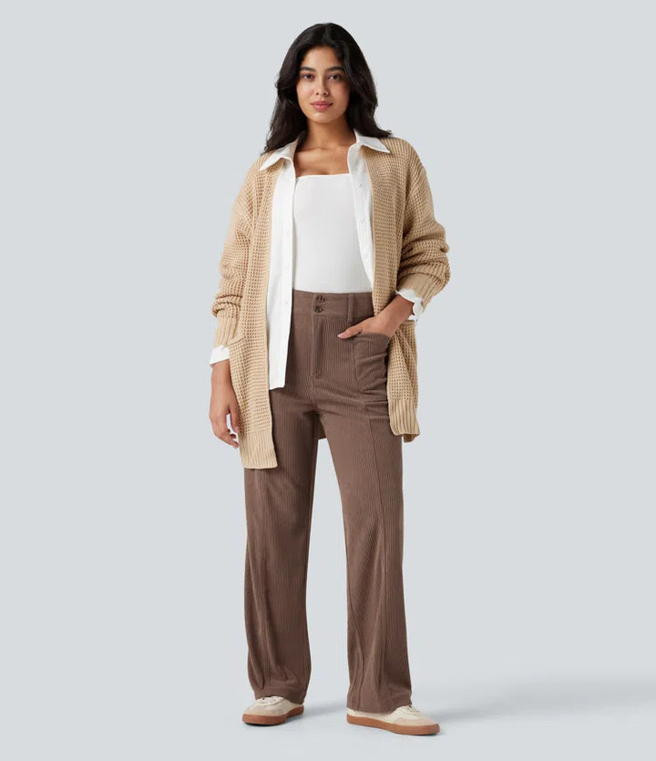 High Waisted Corduroy Casual Straight Leg Trousers with Pockets