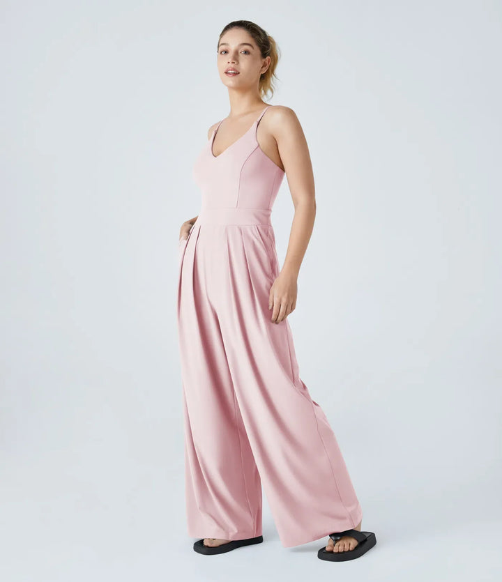 V-Neck Backless Invisible Zipper 2-in-1 Casual Slip Baggy Jumpsuit with Pockets