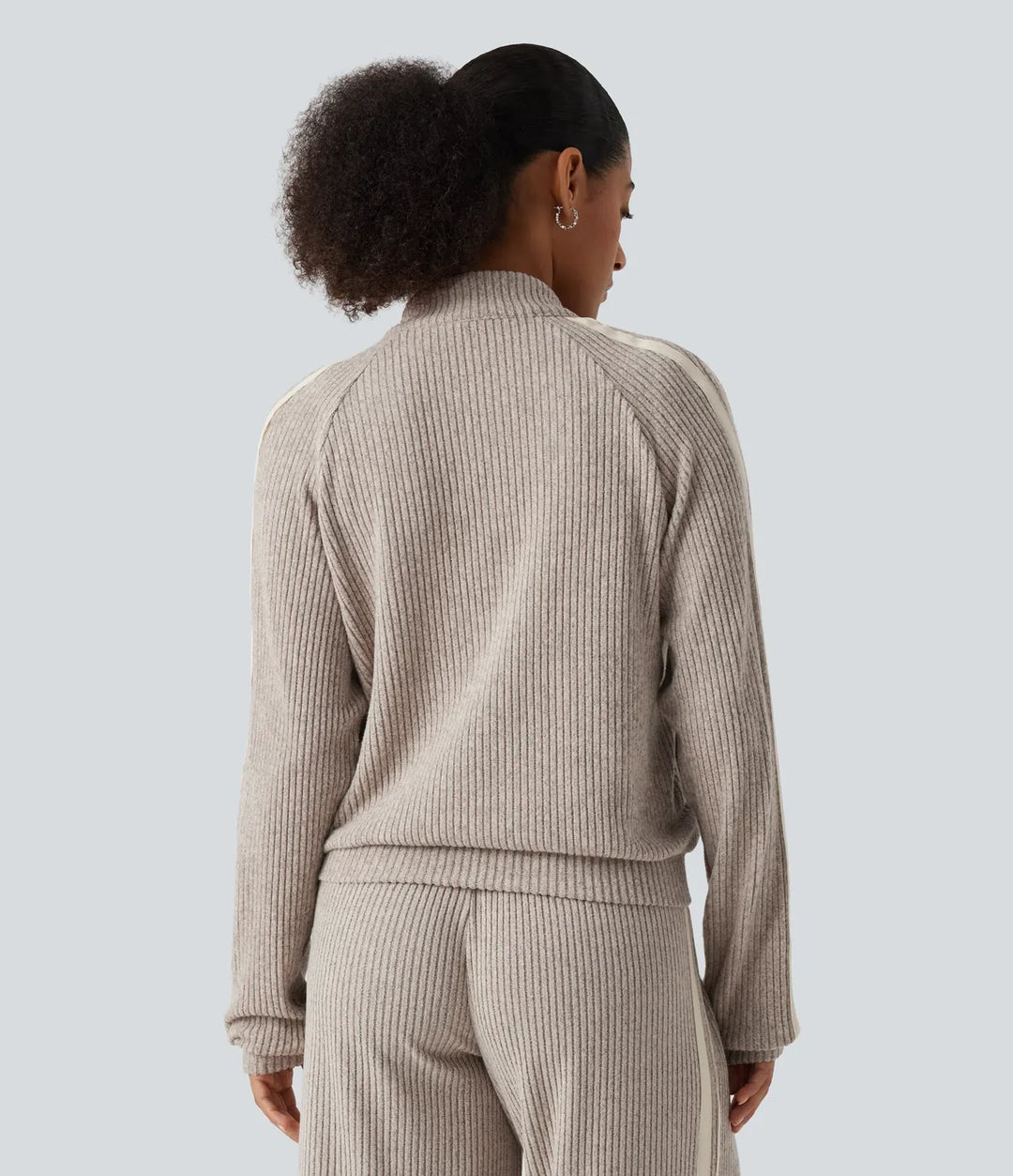 Ribbed Knit Stand Collar Side Stripe Long Sleeve Casual Track Jacket with Pockets