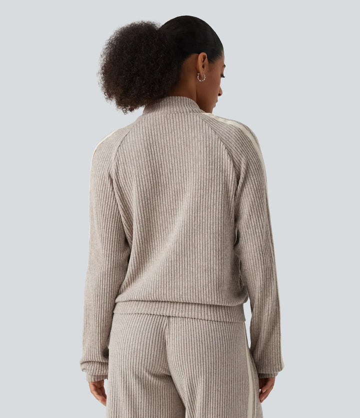 Ribbed Knit Stand Collar Side Stripe Long Sleeve Casual Track Jacket with Pockets