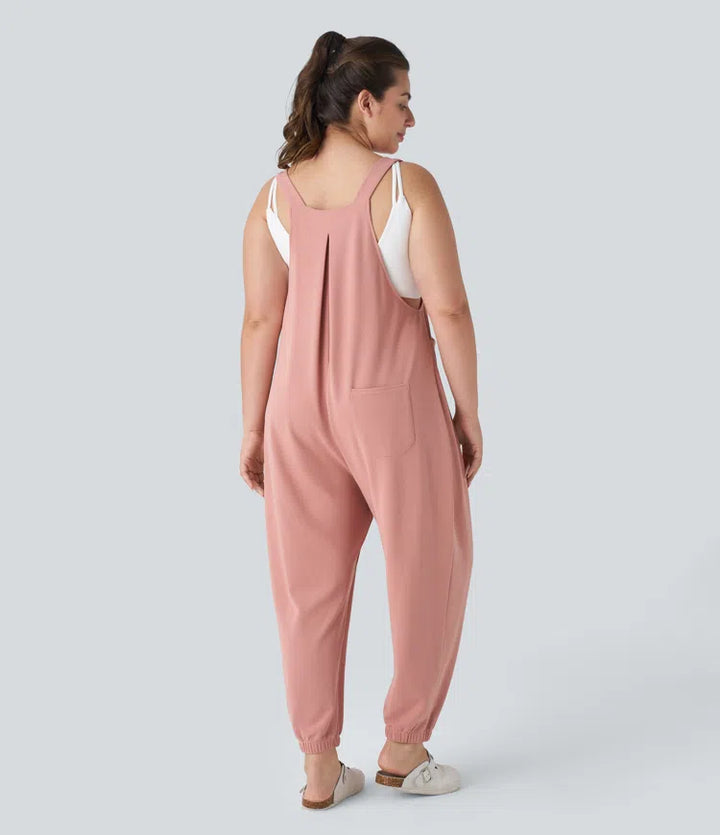 Adjustable Strap Button Multiple Pockets Waffle Casual Plus Size Jogger Dungarees