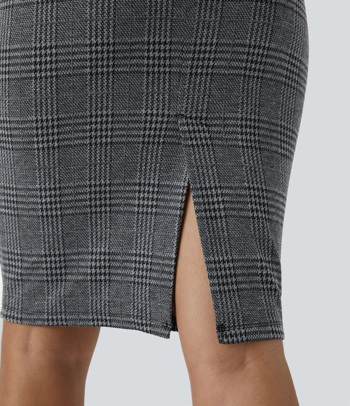 High Waisted Split Hem Houndstooth Plaid Work Pencil Skirt