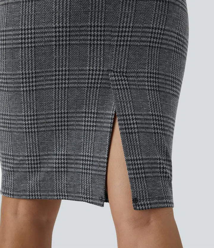 High Waisted Split Hem Houndstooth Plaid Work Pencil Skirt