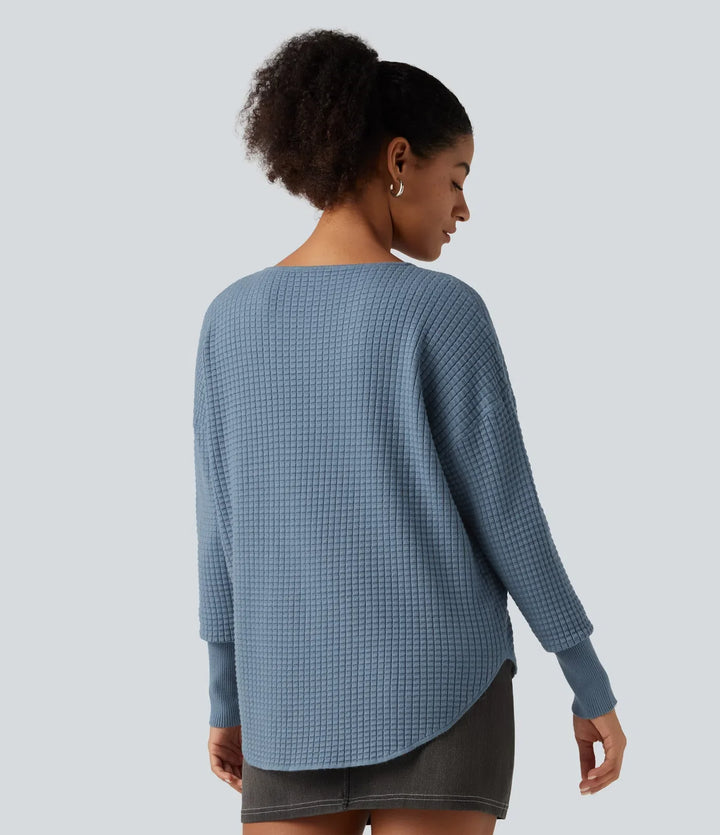 Round Neck Bishop Long Sleeve Curved Hem Casual Jumper