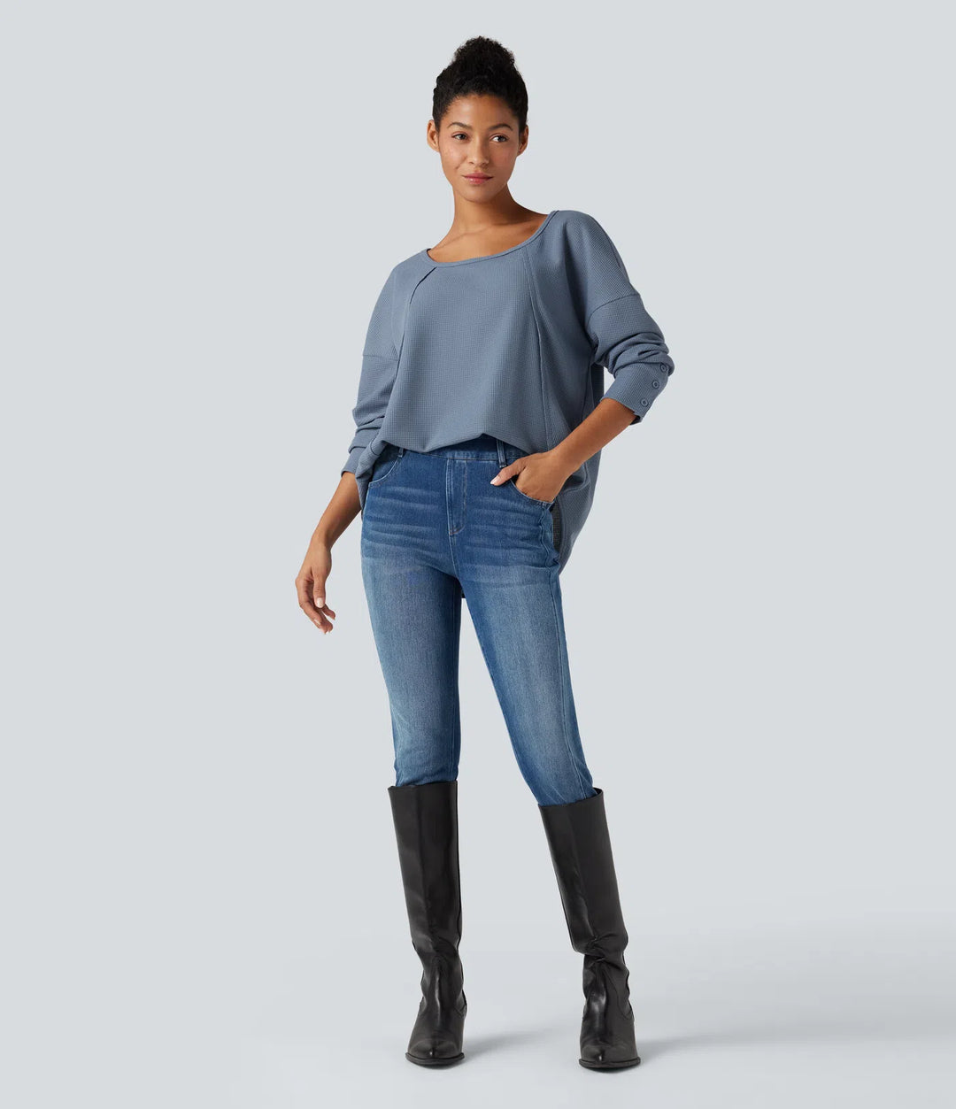 Scoop Neck Long Sleeve Curved Hem Relaxed Waffle Casual Top