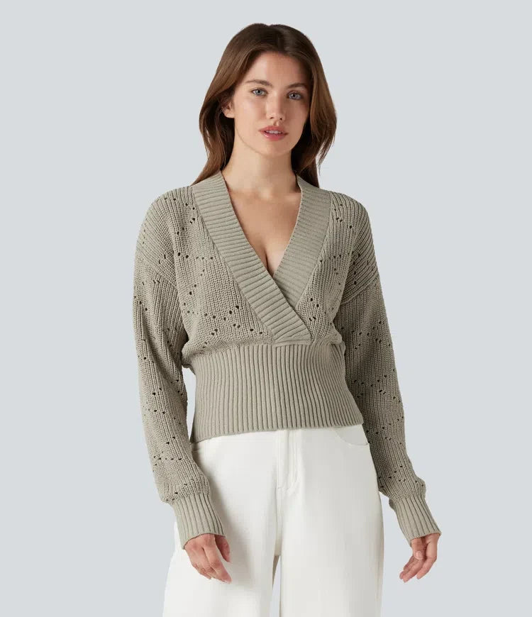 V-neck Long Sleeve Hollow Out Work Jumper