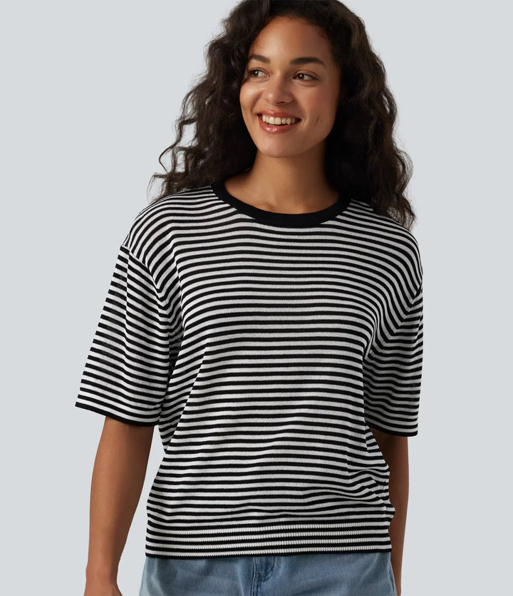 Round Neck Short Sleeve Stripe Casual Linen-Feel Jumper