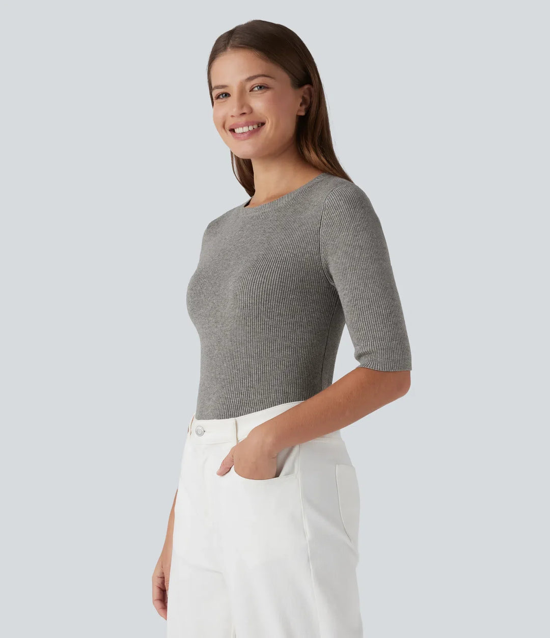 Ribbed Knit Round Neck Half Sleeve Work Jumper
