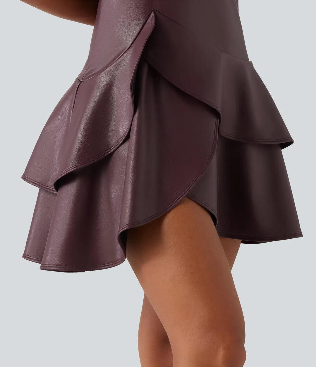 Round Neck Sleeveless Asymmetric Ruffle Hem A Line Mini Fleece Casual PU Leather Dress