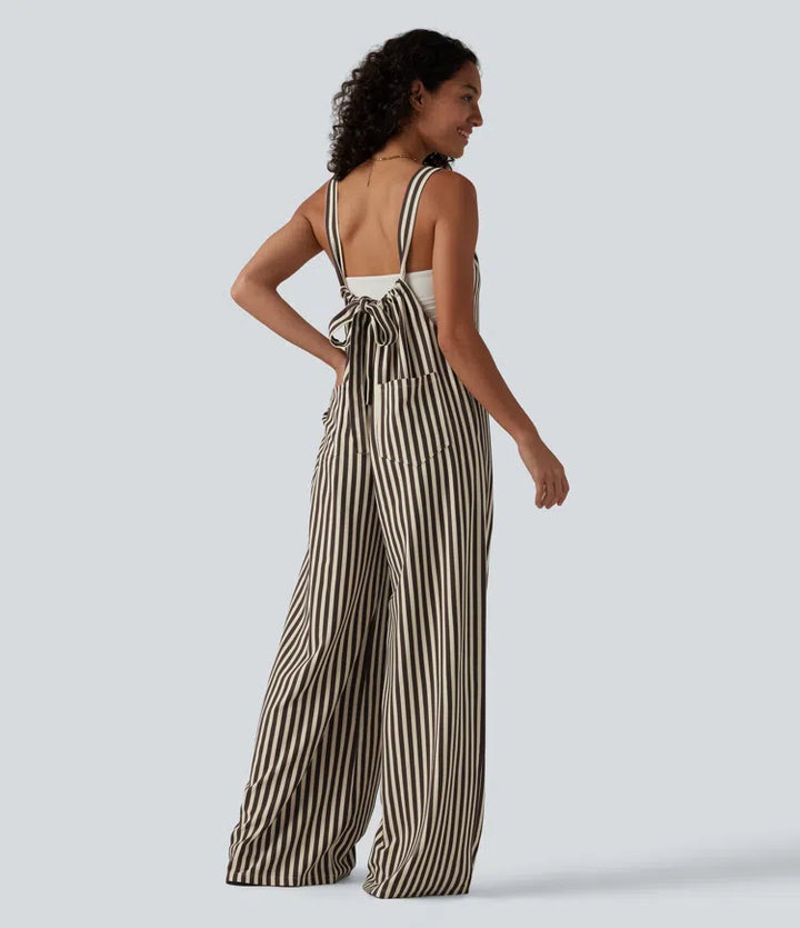 Tie-back Stripes Casual Baggy Dungarees with Pockets