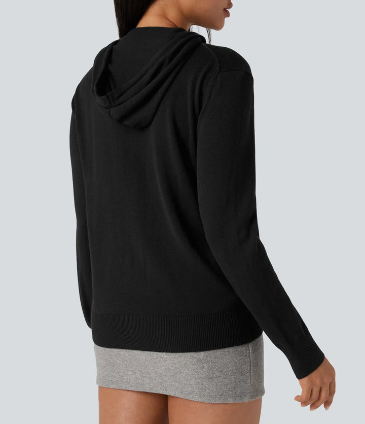 Hooded Drawstring Long Sleeve Zipper Casual Cardigan with Pockets