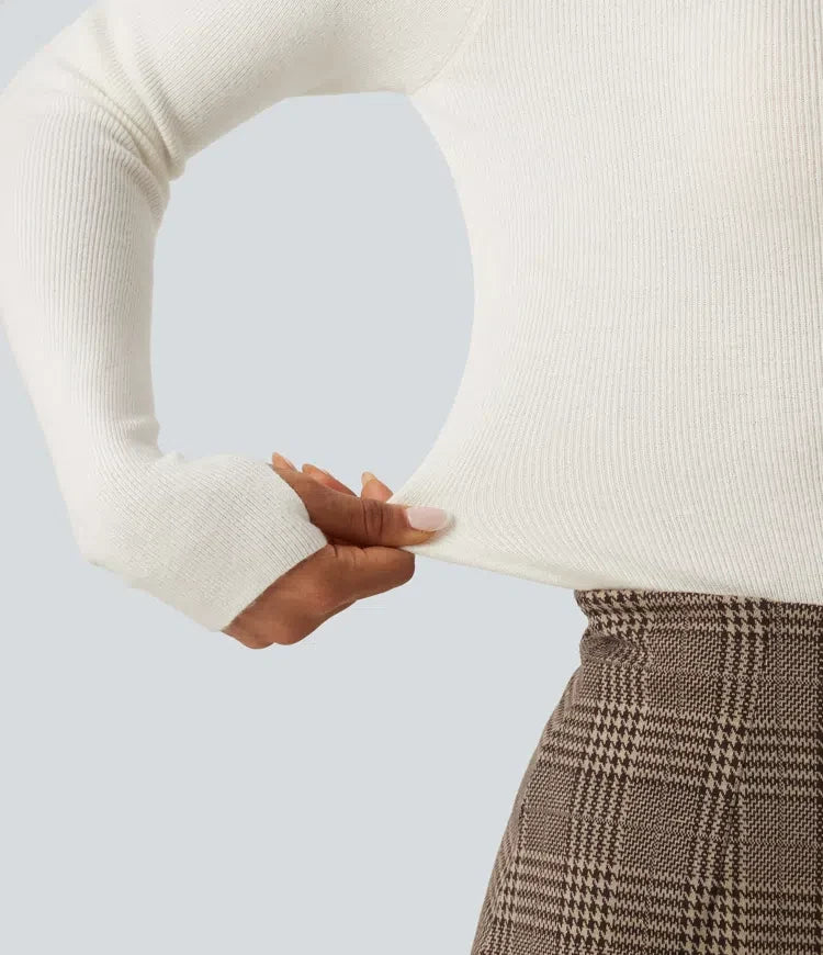 Mock Neck Long Sleeve Thumb Hole Work Wool-Blend Jumper