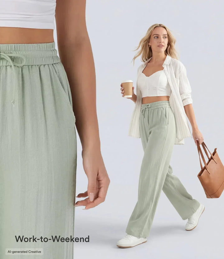 High Waisted Drawstring Pocket Wide Leg Baggy Casual Linen-Feel Trousers